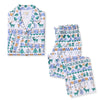 Women’s flannel pajama set with button-up shirt and matching printed pants