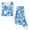Women’s blue organic cotton pajama set with painted snowflake print, long-sleeve top and pants