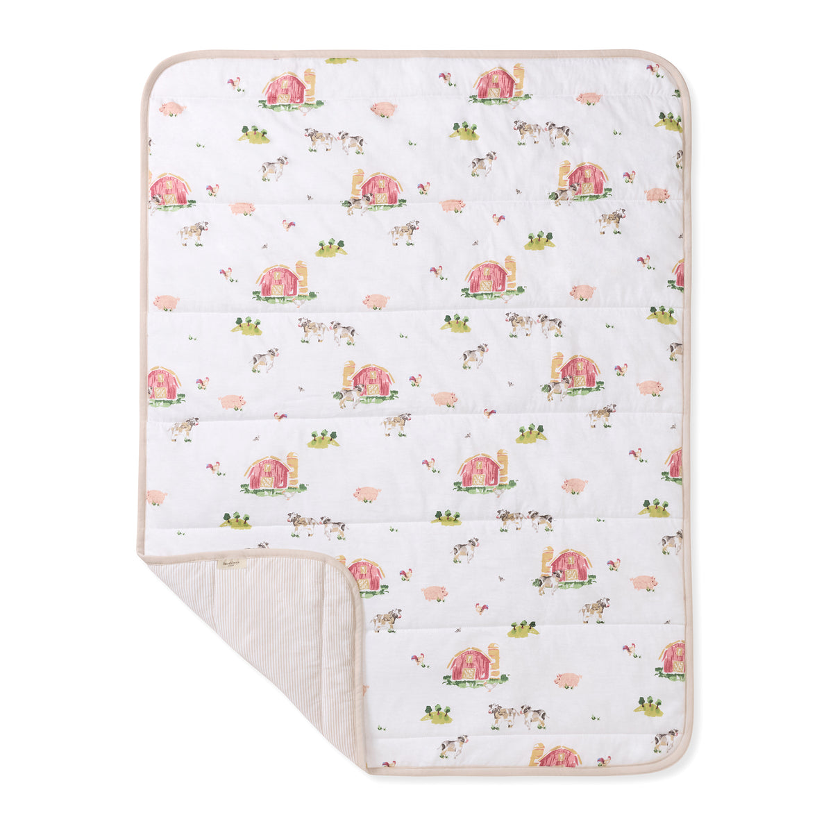 Reversible baby blanket with farm animal print and solid striped backing