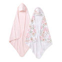 Pack of 2 organic knit terry towels: pink striped and white floral