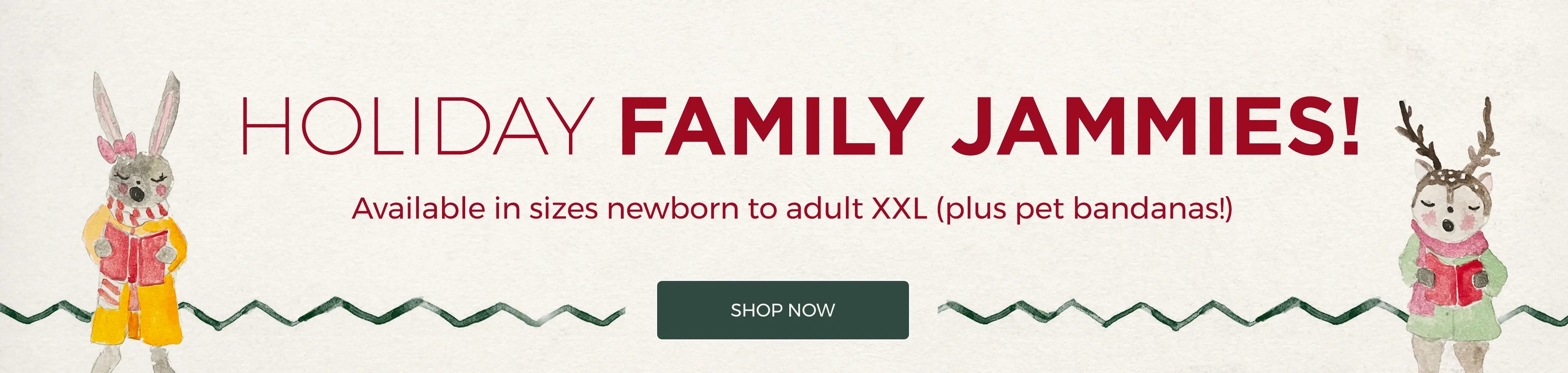 Advertisement for holiday family jammies with two cartoon characters and text.