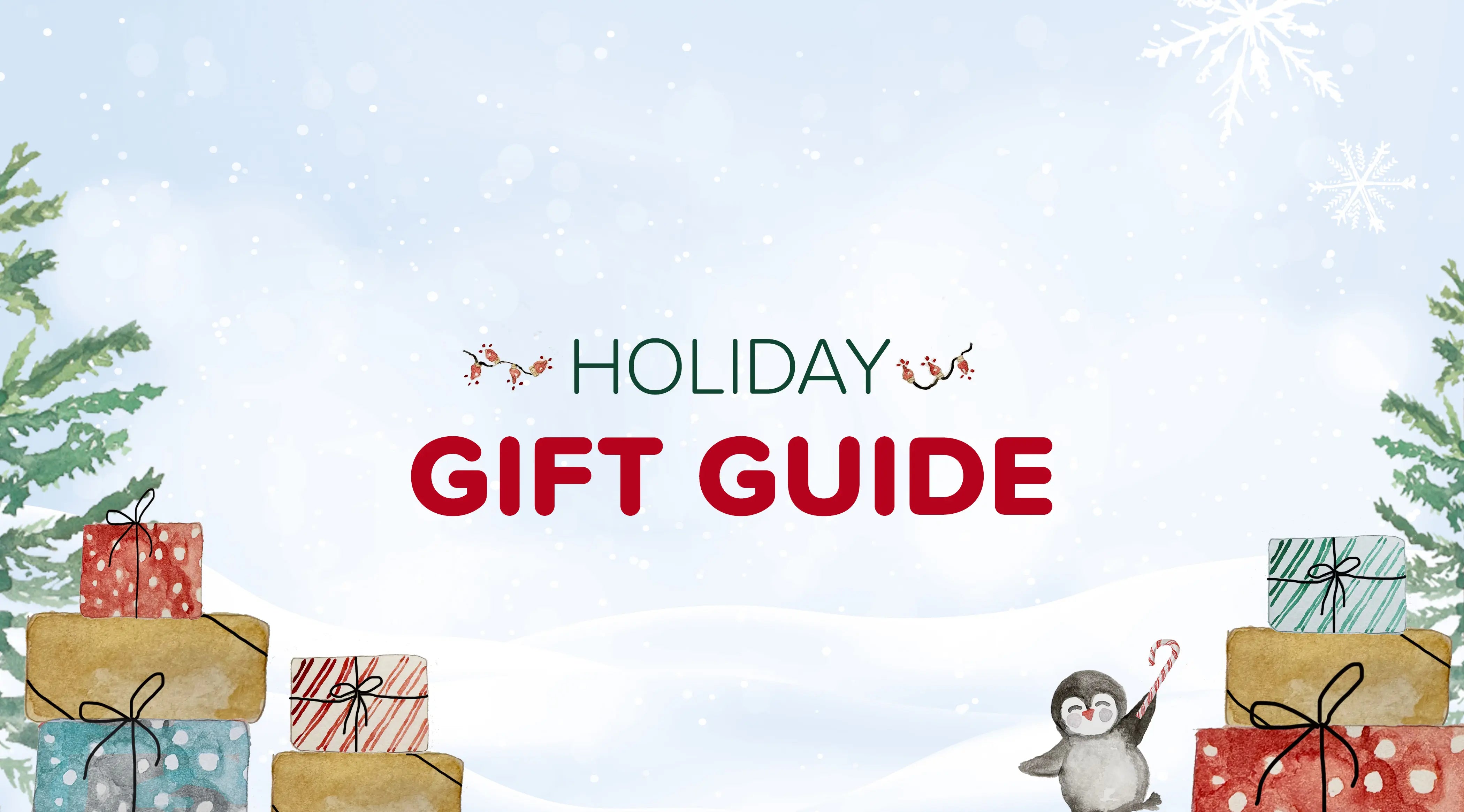 Holiday gift guide with presents and a penguin on a snowy background