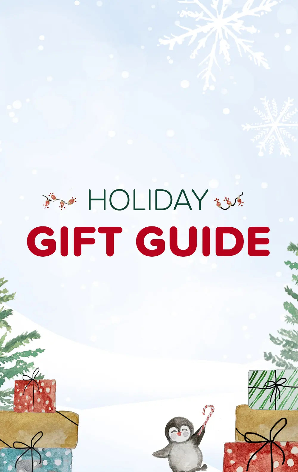 Holiday gift guide cover with penguins, presents, and Christmas trees on a light blue background.