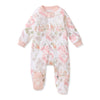 Organic cotton sleep & play romper with floral watercolor print, front zip, footed cuffs
