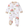 Baby footed sleep & play romper in white with farm animal print and snap button
