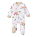 Baby footed sleep & play romper in white with farm animal print and snap button