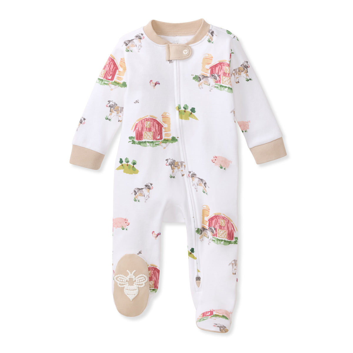 Baby footed sleep & play romper in white with farm animal print and snap button