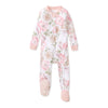 Pink-and-white floral footed sleeper with snap placket and long sleeves