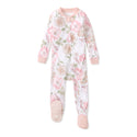 Pink-and-white floral footed sleeper with snap placket and long sleeves