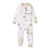 White organic cotton sleeper with farm animal print, front snaps, long sleeves and footed cuffs