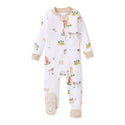 White organic cotton sleeper with farm animal print, front snaps, long sleeves and footed cuffs