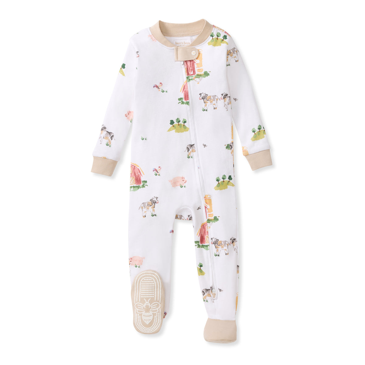 White organic cotton sleeper with farm animal print, front snaps, long sleeves and footed cuffs