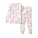 Two-piece pajama set with pastel floral print, long sleeves and ankle-length pants