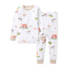 White cotton two-piece pajama set with long sleeves and farm animal print, rib cuffs