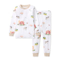 White cotton two-piece pajama set with long sleeves and farm animal print, rib cuffs