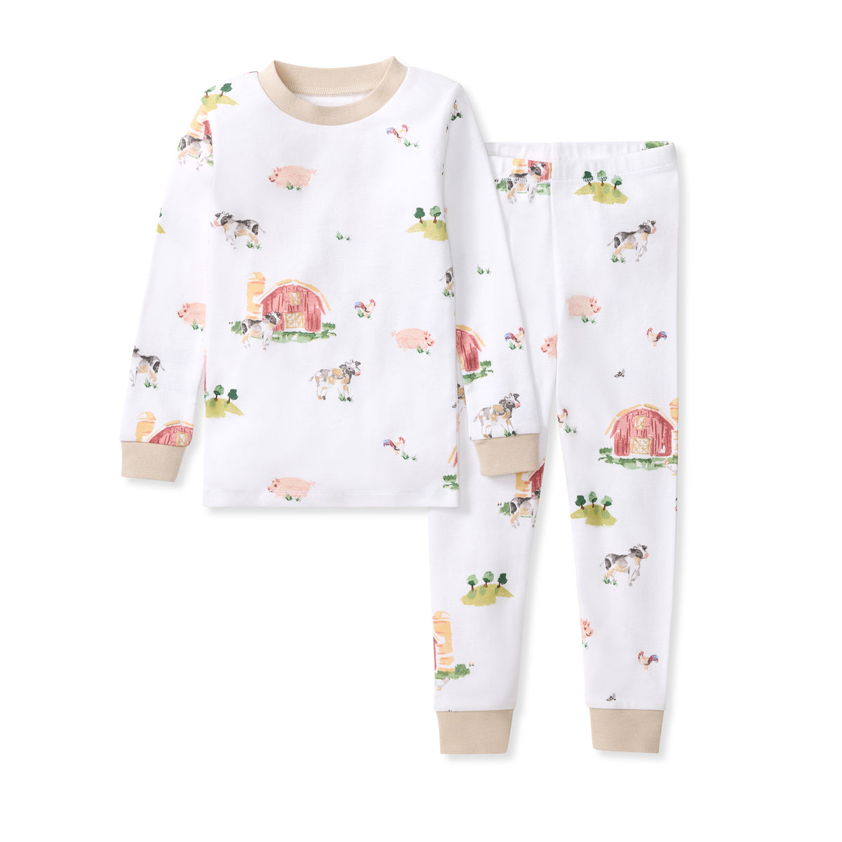 White cotton two-piece pajama set with long sleeves and farm animal print, rib cuffs