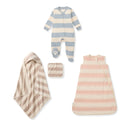 Striped baby clothing bundle: footed romper, sleeping bag, hooded blanket, burp cloth