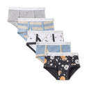 Five pairs of children's briefs arranged in a fan shape on a white background. The set includes heather gray, light blue and beige striped, white with black line art, light blue, and a dark navy space-themed print with planets.